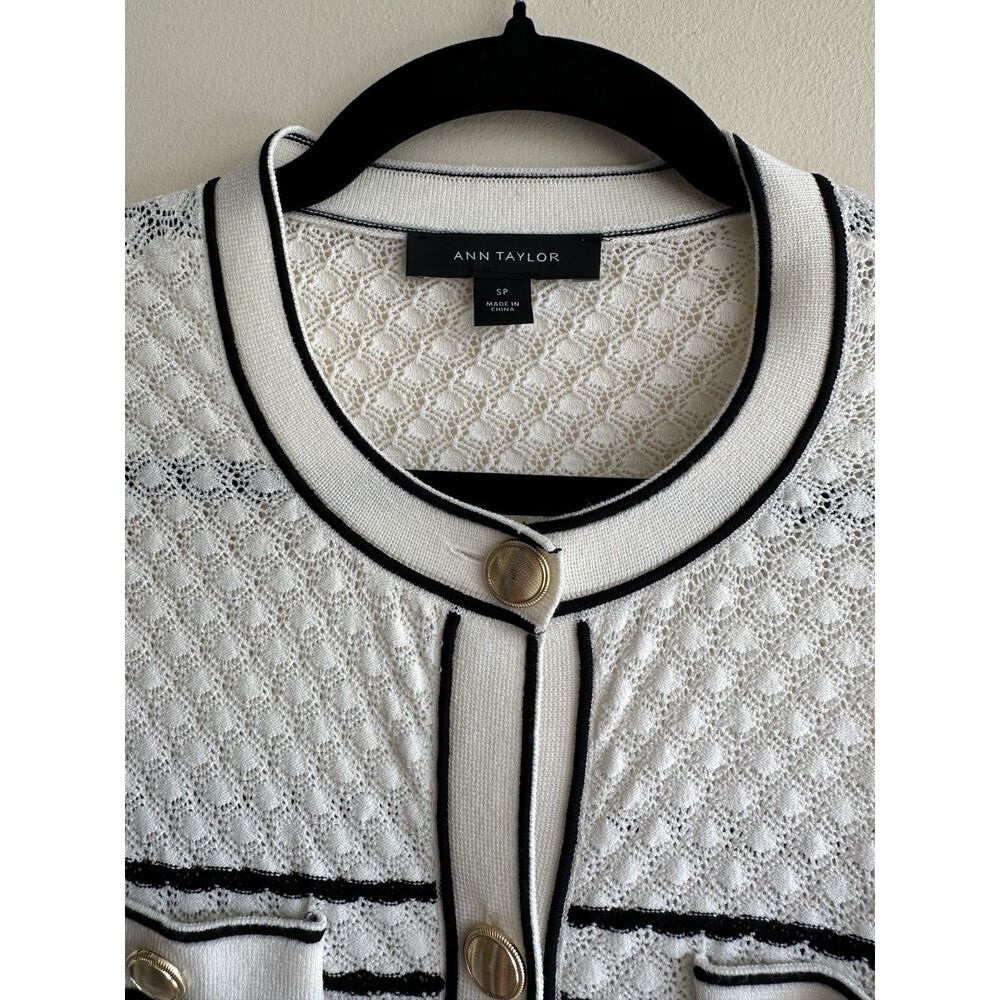 Ann Taylor SP Black White Striped Pointelle Knit Lady Jacket Cardigan - Picture 2 of 13
